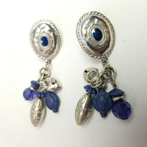 Vintage Blue and Silver Tone Dangle Stud Earrings, Western 80s Style, Estate - Picture 6 of 6